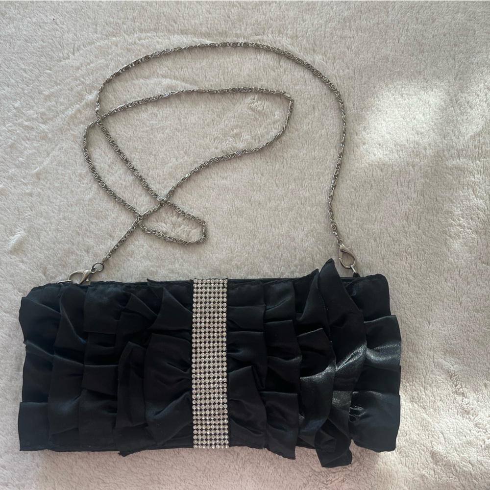 NEW Elegant Black Satin Clutch with Rhinestone Detail